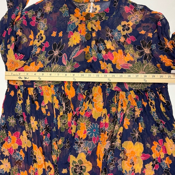 Free People Floral Babydoll Tunic Dress XS Navy Boho Mini Swing Sheer Chiffon - Picture 11 of 15